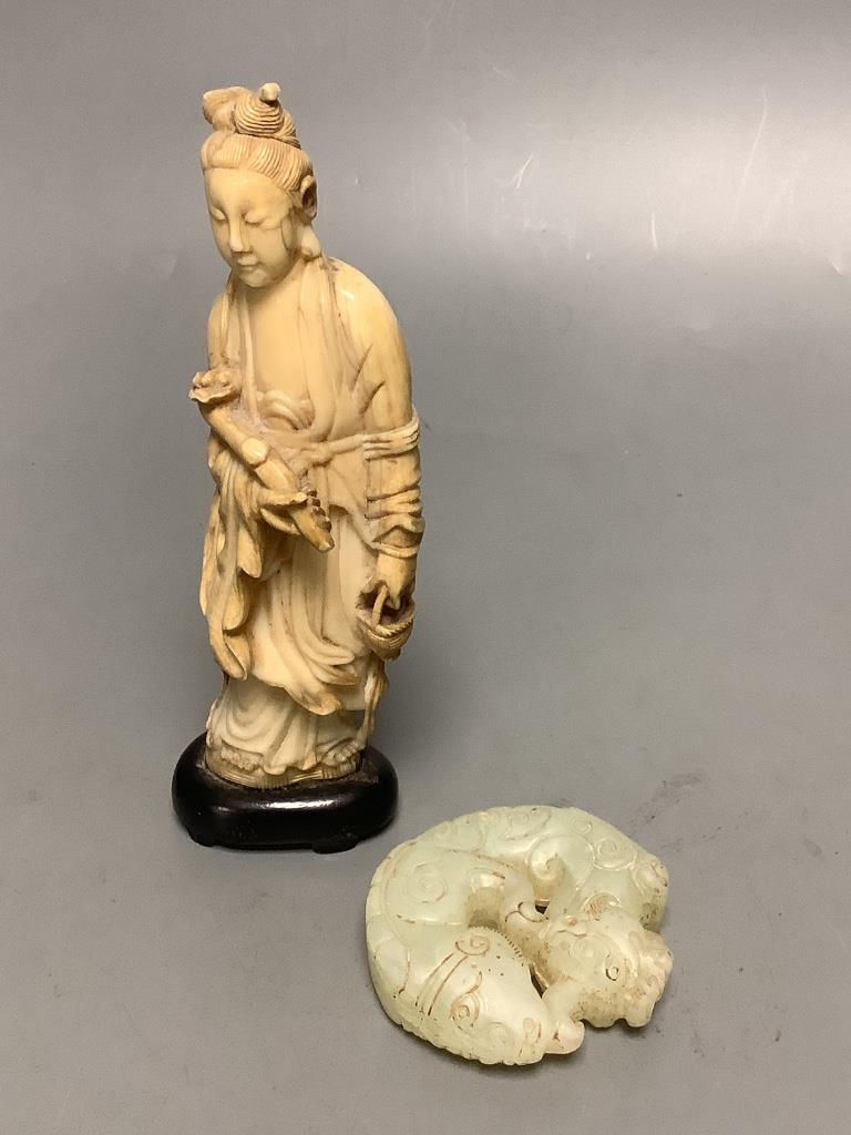 A Chinese ivory figure and a bowenite jade carving